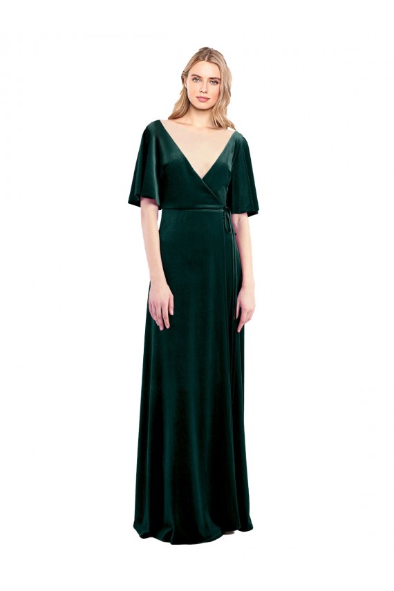 V-Neck Long Stretch Velvet Dark Green Flutter Sleeves Prom Dress / Bridesmaid Dress Victoria