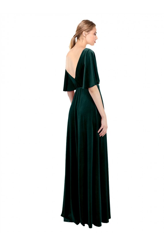 V-Neck Long Stretch Velvet Dark Green Flutter Sleeves Prom Dress / Bridesmaid Dress Victoria