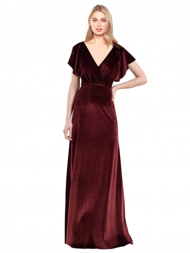V-Neck Long Stretch Velvet Burgundy Flutter Sleeves Prom Dress / Bridesmaid Dress Victoria