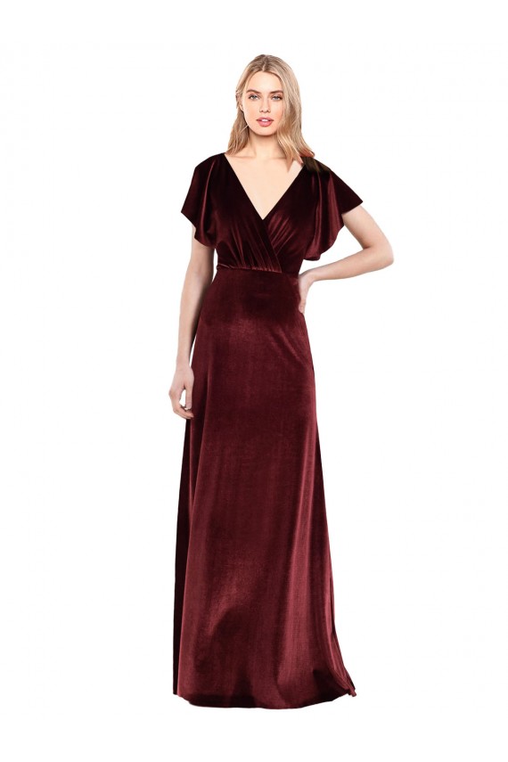 V-Neck Long Stretch Velvet Burgundy Flutter Sleeves Prom Dress / Bridesmaid Dress Victoria