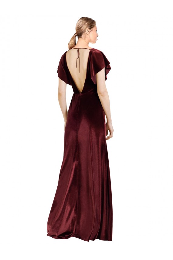 V-Neck Long Stretch Velvet Burgundy Flutter Sleeves Prom Dress / Bridesmaid Dress Victoria