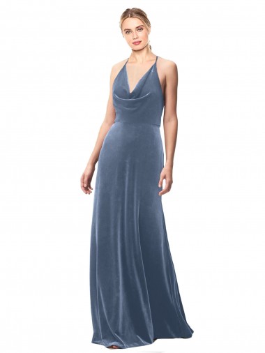 Cowl Neck Long Stretch Velvet Dusty Blue Sleeveless Prom Dress / Bridesmaid Dress Victoria