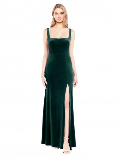 Square Neck Long Stretch Velvet Dark Green Sleeveless Prom Dress / Bridesmaid Dress Victoria
