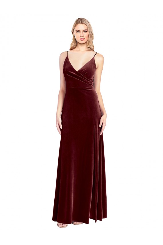 V-Neck Long Stretch Velvet Burgundy Sleeveless Black Tie Prom Dress / Bridesmaid Dress Victoria