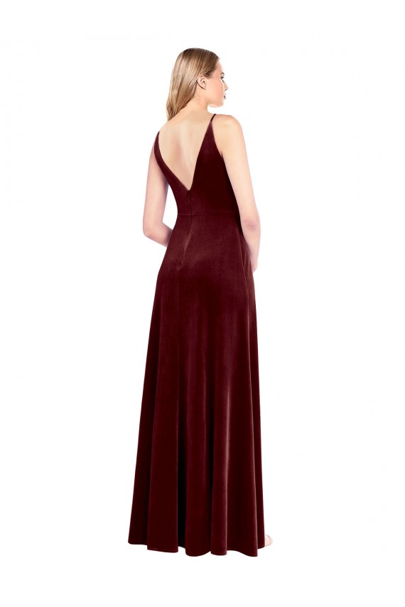V-Neck Long Stretch Velvet Burgundy Sleeveless Black Tie Prom Dress / Bridesmaid Dress Victoria
