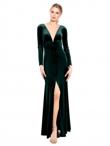 V-Neck Long Stretch Velvet Dark Green Long Sleeves Black Tie Prom Dress / Bridesmaid Dress Victoria