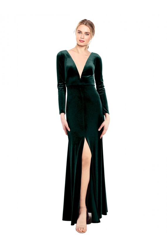 V-Neck Long Stretch Velvet Dark Green Long Sleeves Black Tie Prom Dress / Bridesmaid Dress Victoria