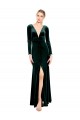 V-Neck Long Stretch Velvet Dark Green Long Sleeves Black Tie Prom Dress / Bridesmaid Dress Victoria