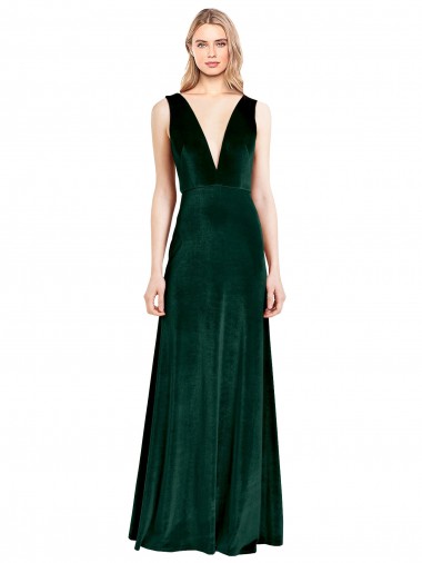 V-Neck Long Stretch Velvet Dark Green Sleeveless Bridesmaid Dress / Formal Dress Victoria