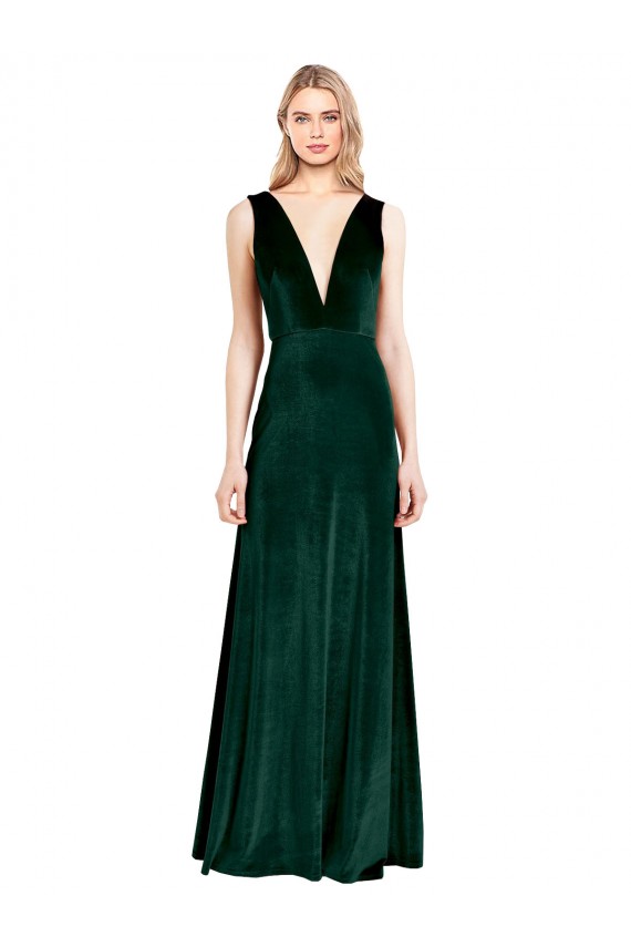 V-Neck Long Stretch Velvet Dark Green Sleeveless Bridesmaid Dress / Formal Dress Victoria