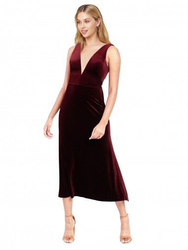 V-Neck Midi Length Stretch Velvet Burgundy Sleeveless Prom Dress / Bridesmaid Dress Victoria