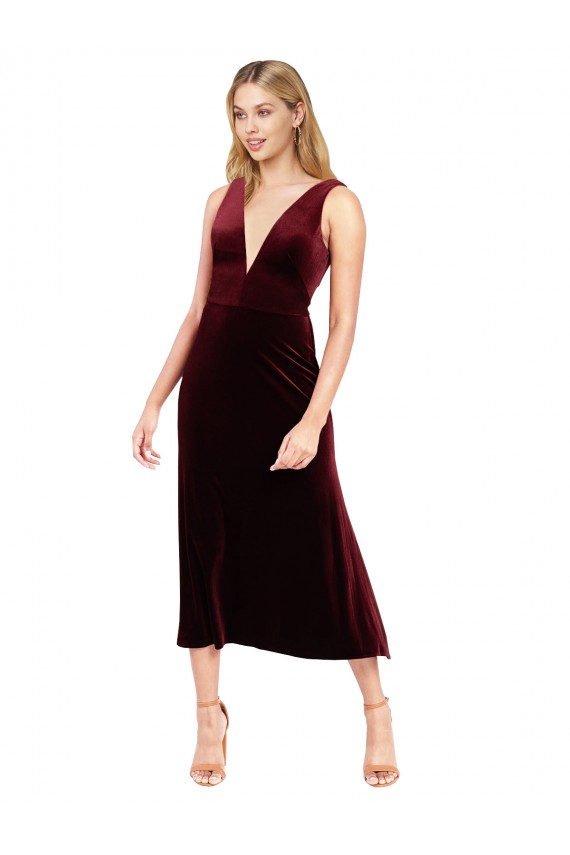 V-Neck Midi Length Stretch Velvet Burgundy Sleeveless Prom Dress / Bridesmaid Dress Victoria