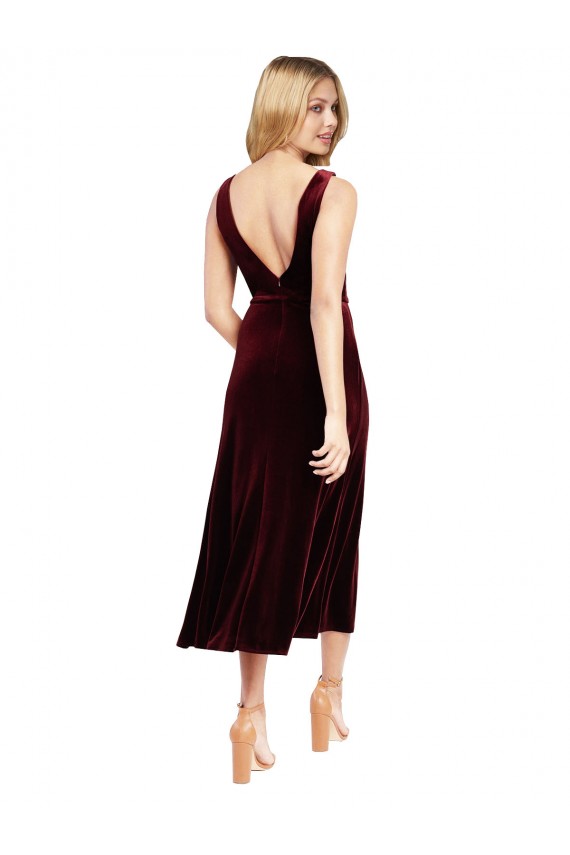 V-Neck Midi Length Stretch Velvet Burgundy Sleeveless Prom Dress / Bridesmaid Dress Victoria