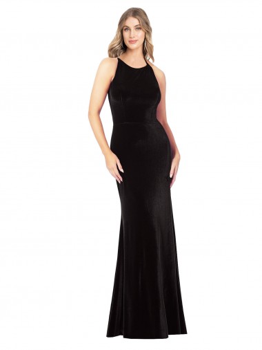 Jewel Neck Long Stretch Velvet Black Sleeveless Formal Evening Gown / Prom Dress / Bridesmaid Dress Victoria