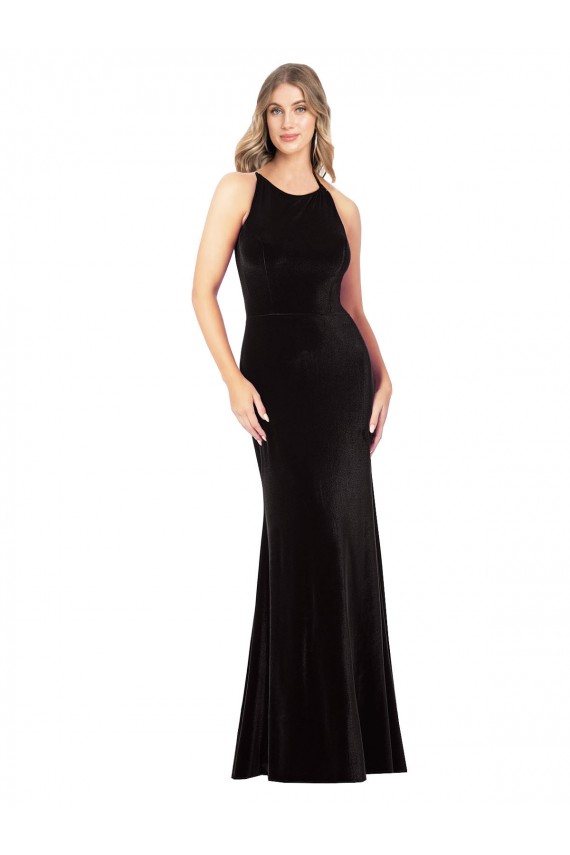 Jewel Neck Long Stretch Velvet Black Sleeveless Formal Evening Gown / Prom Dress / Bridesmaid Dress Victoria