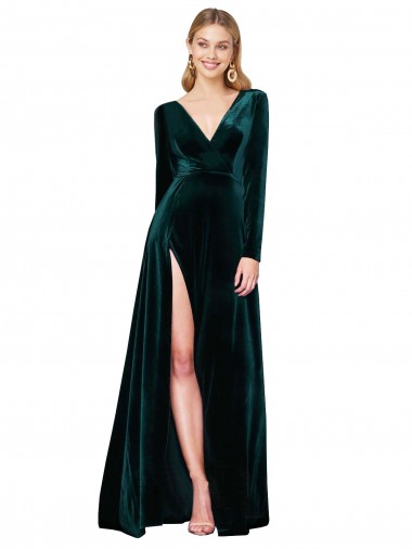 V-Neck Sweep Train Stretch Velvet Dark Green Long Sleeves Black Tie Evening Gown / Prom Dress / Bridesmaid Dress Victoria