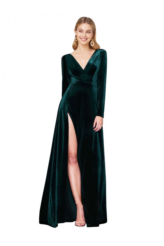 V-Neck Sweep Train Stretch Velvet Dark Green Long Sleeves Black Tie Evening Gown / Prom Dress / Bridesmaid Dress Victoria