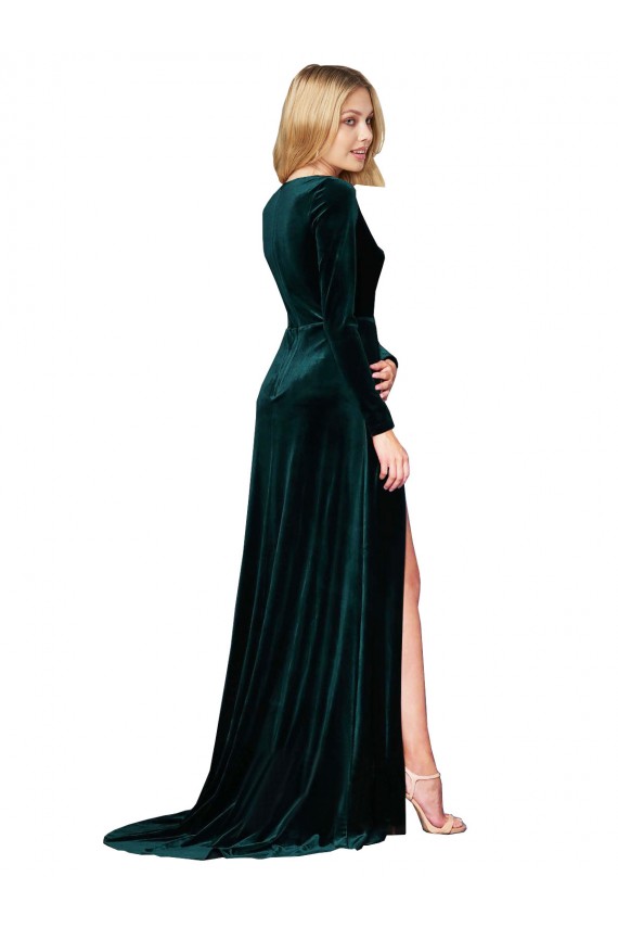 V-Neck Sweep Train Stretch Velvet Dark Green Long Sleeves Black Tie Evening Gown / Prom Dress / Bridesmaid Dress Victoria