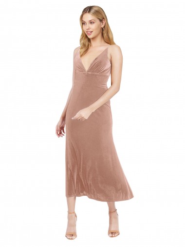 V-Neck Midi Length Stretch Velvet Pink Sleeveless Prom Dress / Bridesmaid Dress Victoria