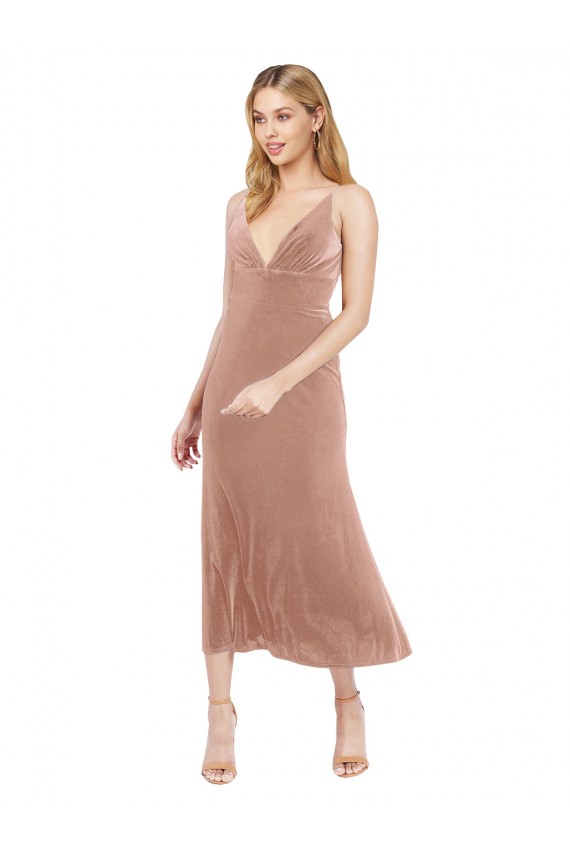V-Neck Midi Length Stretch Velvet Pink Sleeveless Prom Dress / Bridesmaid Dress Victoria