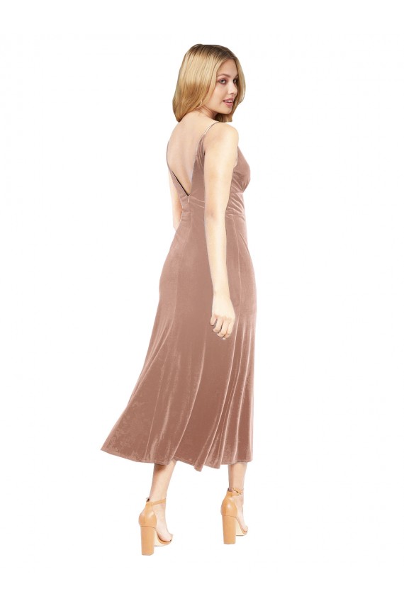 V-Neck Midi Length Stretch Velvet Pink Sleeveless Prom Dress / Bridesmaid Dress Victoria