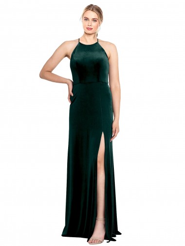 Jewel Neck Long Stretch Velvet Dark Green Sleeveless Prom Dress / Bridesmaid Dress Victoria