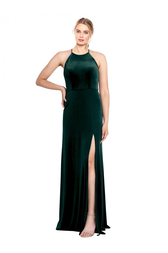 Jewel Neck Long Stretch Velvet Dark Green Sleeveless Prom Dress / Bridesmaid Dress Victoria