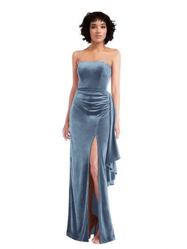 Strapless Long Stretch Velvet Dusty Blue Sleeveless Formal Evening Gown / Prom Dress / Bridesmaid Dress Victoria