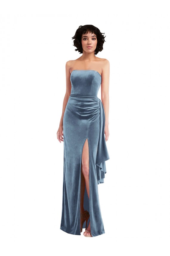 Strapless Long Stretch Velvet Dusty Blue Sleeveless Formal Evening Gown / Prom Dress / Bridesmaid Dress Victoria