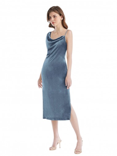One Shoulder Long Stretch Velvet Dusty Blue Sleeveless Semi Formal Evening Dress / Prom Dress / Bridesmaid Dress Victoria