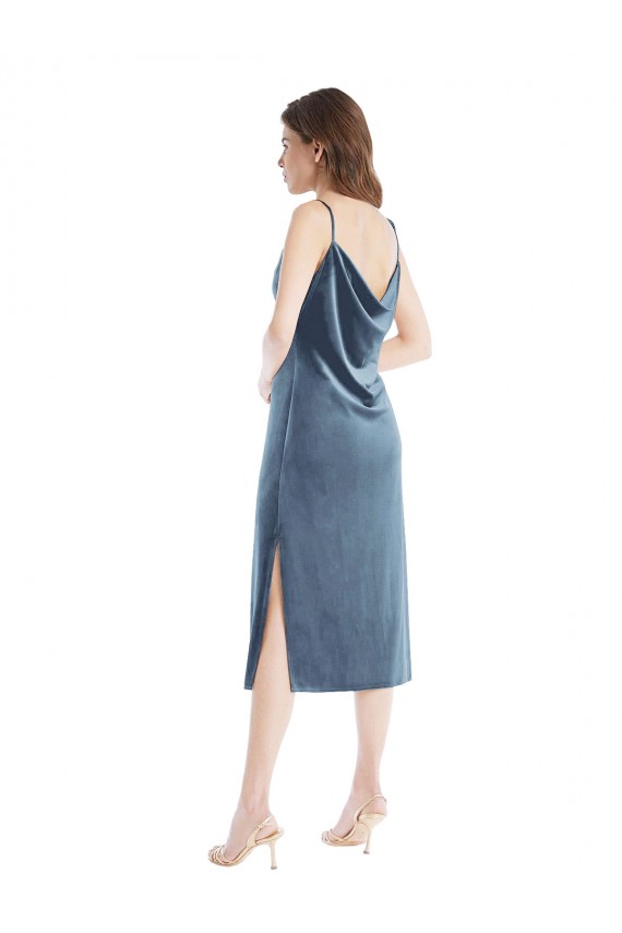 One Shoulder Long Stretch Velvet Dusty Blue Sleeveless Semi Formal Evening Dress / Prom Dress / Bridesmaid Dress Victoria