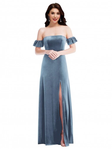 Off the Shoulder Long Stretch Velvet Dusty Blue Ruffle Sleeves Formal Dress / Bridesmaid Dress Victoria