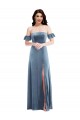 Off the Shoulder Long Stretch Velvet Dusty Blue Ruffle Sleeves Formal Dress / Bridesmaid Dress Victoria