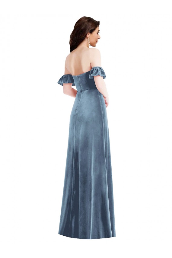 Off the Shoulder Long Stretch Velvet Dusty Blue Ruffle Sleeves Formal Dress / Bridesmaid Dress Victoria