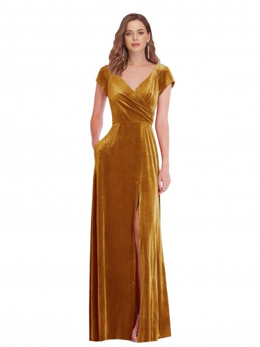 V-Neck Long Stretch Velvet Gold Cap Sleeves Formal Evening Gown / Prom Dress / Bridesmaid Dress Victoria