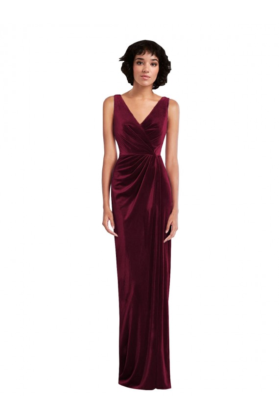 V-Neck Long Stretch Velvet Burgundy Sleeveless Semi Formal Evening Dress / Prom Dress / Bridesmaid Dress Victoria