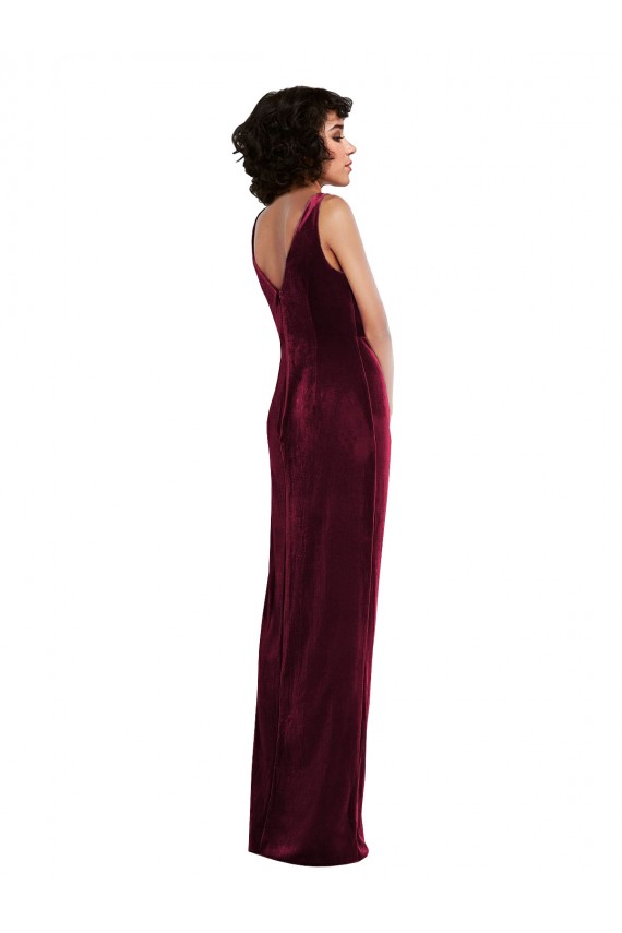 V-Neck Long Stretch Velvet Burgundy Sleeveless Semi Formal Evening Dress / Prom Dress / Bridesmaid Dress Victoria