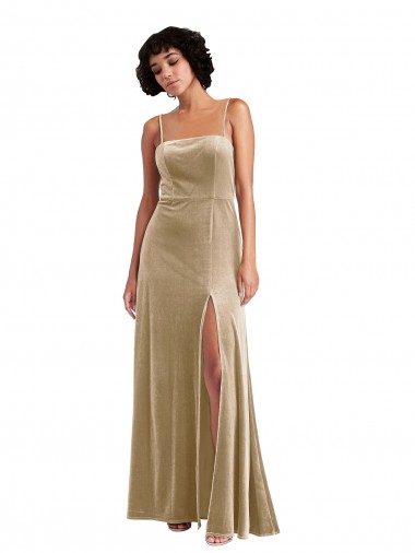 Square Neck Long Stretch Velvet Champagne Sleeveless Formal Evening Gown / Prom Dress / Bridesmaid Dress Victoria