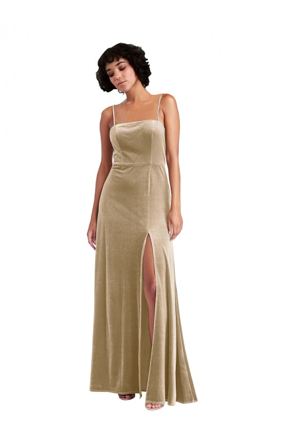 Square Neck Long Stretch Velvet Champagne Sleeveless Formal Evening Gown / Prom Dress / Bridesmaid Dress Victoria
