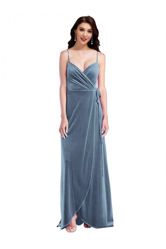 Sweetheart Long Stretch Velvet Dusty Blue Sleeveless Semi Formal Evening Dress / Prom Dress / Bridesmaid Dress Victoria
