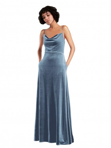 Cowl Neck Long Stretch Velvet Dusty Blue Sleeveless Semi Formal Evening Dress / Prom Dress / Bridesmaid Dress Victoria