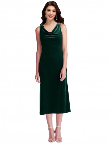 Cowl Neck Midi Length Stretch Velvet Dark Green Sleeveless Evening Gown / Prom Dress / Bridesmaid Dress Victoria