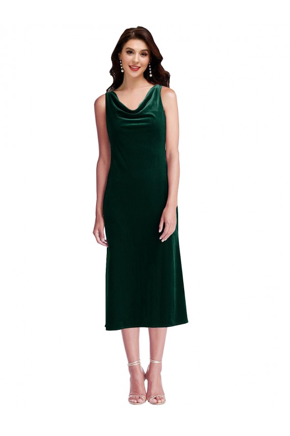 Cowl Neck Midi Length Stretch Velvet Dark Green Sleeveless Evening Gown / Prom Dress / Bridesmaid Dress Victoria