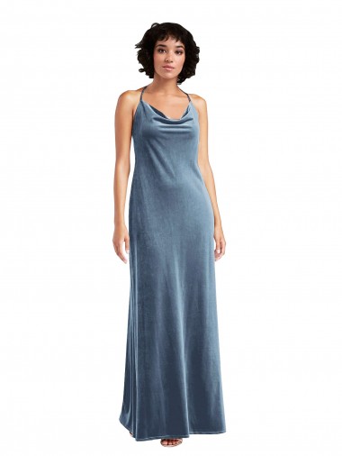 Cowl Neck Long Stretch Velvet Dusty Blue Sleeveless Bridesmaid Dress / Evening Dress Victoria