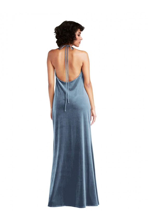 Cowl Neck Long Stretch Velvet Dusty Blue Sleeveless Bridesmaid Dress / Evening Dress Victoria