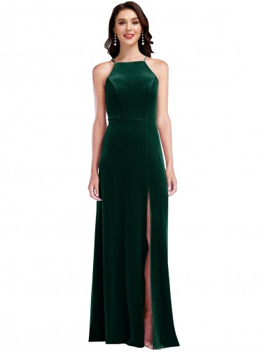 High Neck Long Stretch Velvet Dark Green Sleeveless Semi Formal Evening Dress / Prom Dress / Bridesmaid Dress Victoria