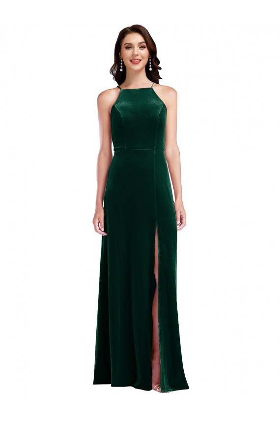 High Neck Long Stretch Velvet Dark Green Sleeveless Semi Formal Evening Dress / Prom Dress / Bridesmaid Dress Victoria