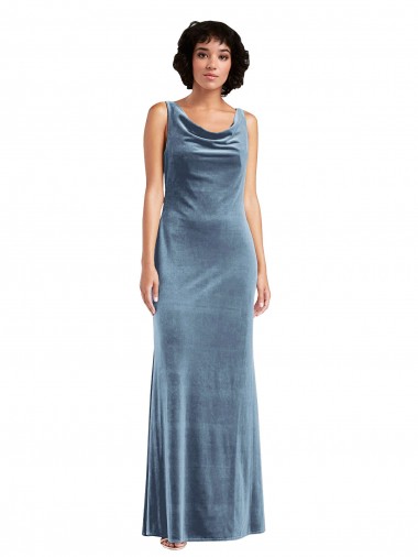 Cowl Neck Long Stretch Velvet Dusty Blue Sleeveless Evening Dress / Bridesmaid Dress Victoria