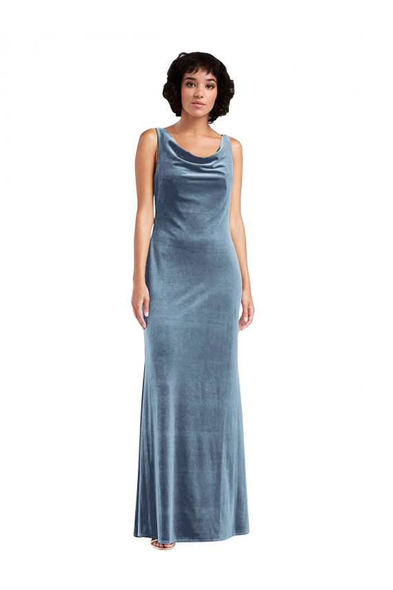 Cowl Neck Long Stretch Velvet Dusty Blue Sleeveless Evening Dress / Bridesmaid Dress Victoria