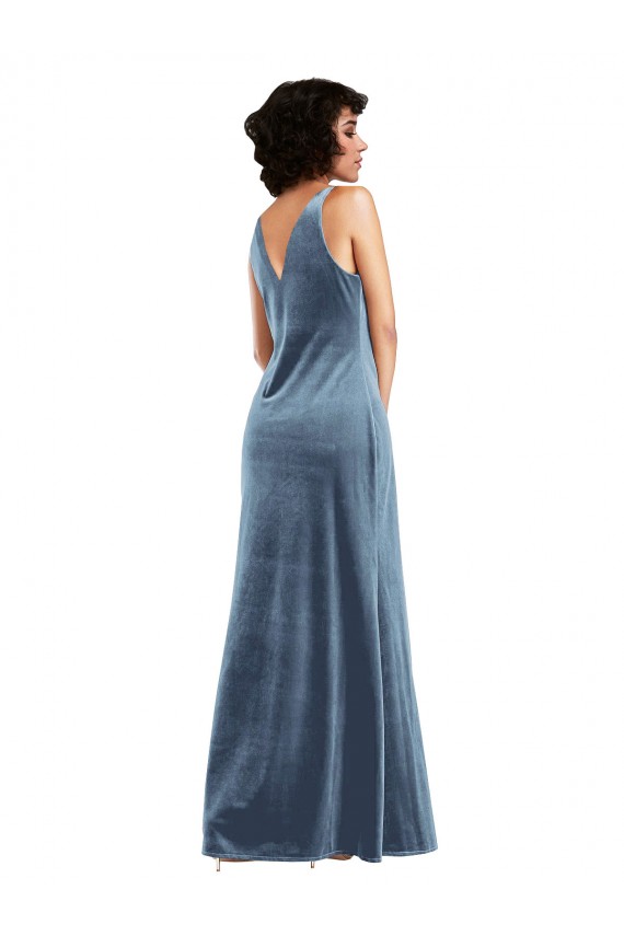 Cowl Neck Long Stretch Velvet Dusty Blue Sleeveless Evening Dress / Bridesmaid Dress Victoria
